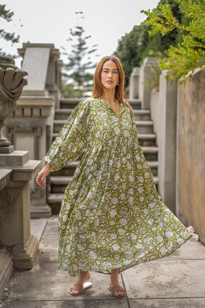 Mohini Midi Dress - Olive Bloom
