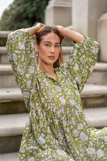 Mohini Midi Dress - Olive Bloom