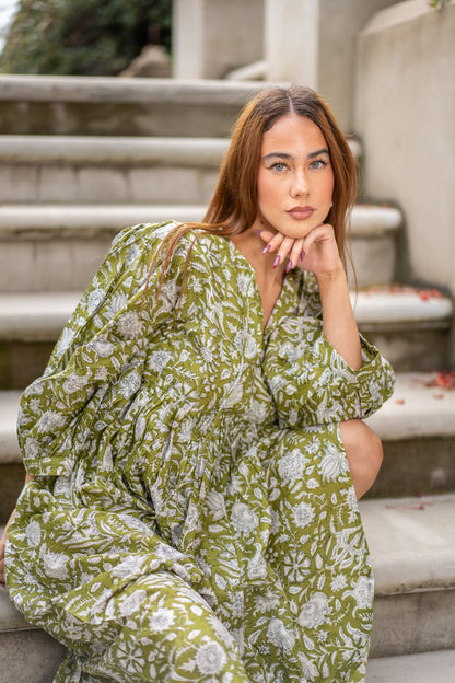 Mohini Midi Dress - Olive Bloom